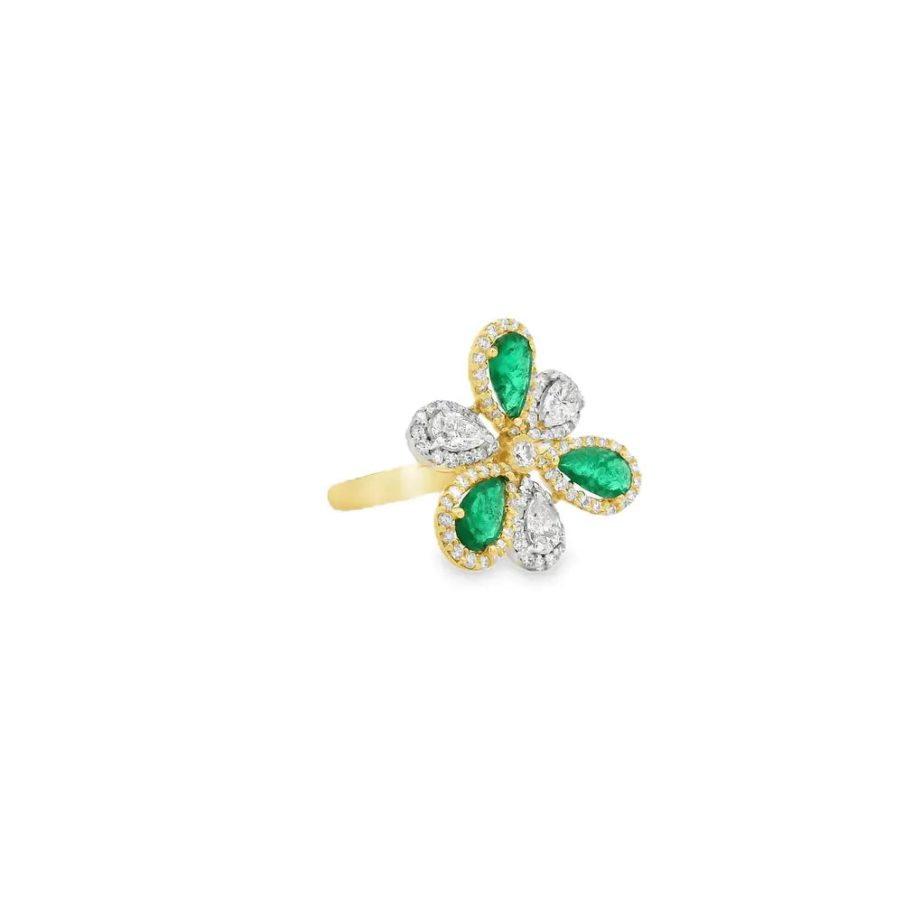 18K Yellow Gold Emerald 1.14ct and Diamond 1.36ct Floral Ring