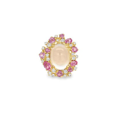 Raymond Mazza 14k Yellow Gold Pink Cluster Rose Quartz & Pink Sapphire with Diamond Ring