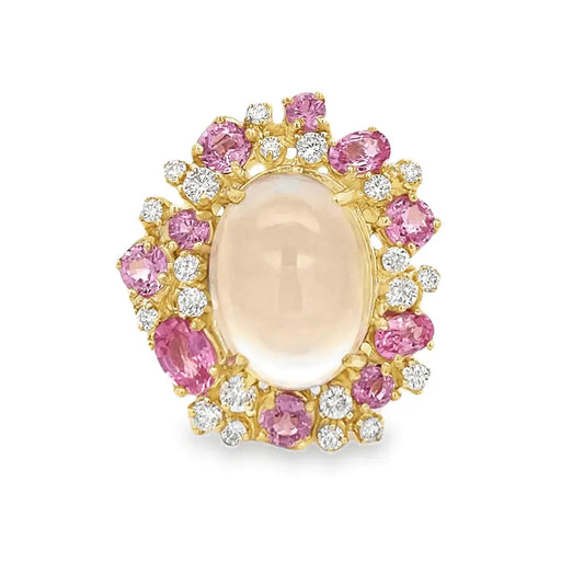 Raymond Mazza 14k Yellow Gold Pink Cluster Rose Quartz & Pink Sapphire with Diamond Ring