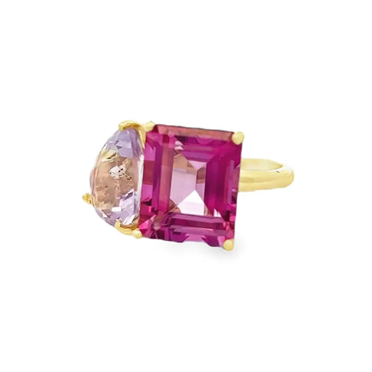 Raymond Mazza 14k Yellow Gold Pink Topaz & Lavender Amethyst Ring