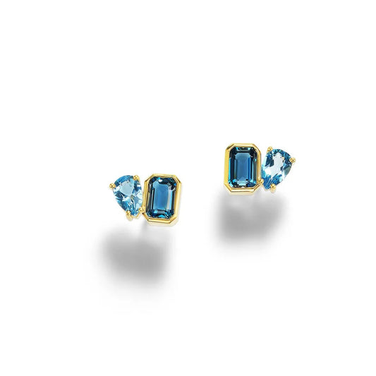 Gemma Couture 14k Yellow Gold Toi Et Moi Blue Topaz Stud Earrings