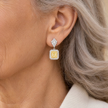 Roman & Jules 14k White Gold Radiant Cut Fancy Yellow and Diamond Drop Earrings