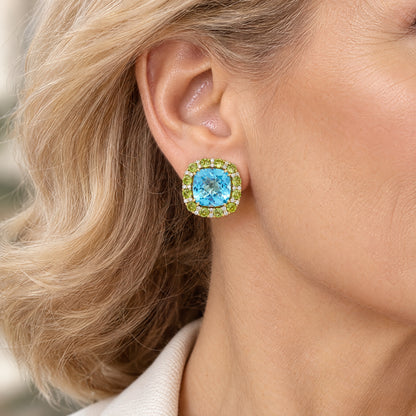 Raymond Mazza 14k Yellow Gold Blue Topaz, Peridot, and Diamond Earrings