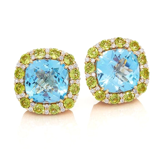 Raymond Mazza 14k Yellow Gold Blue Topaz, Peridot, and Diamond Earrings