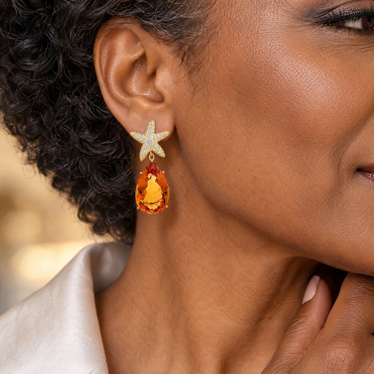 18K Yellow Gold  and 14K Green Gold Starfish and Citrine Drop Earrings