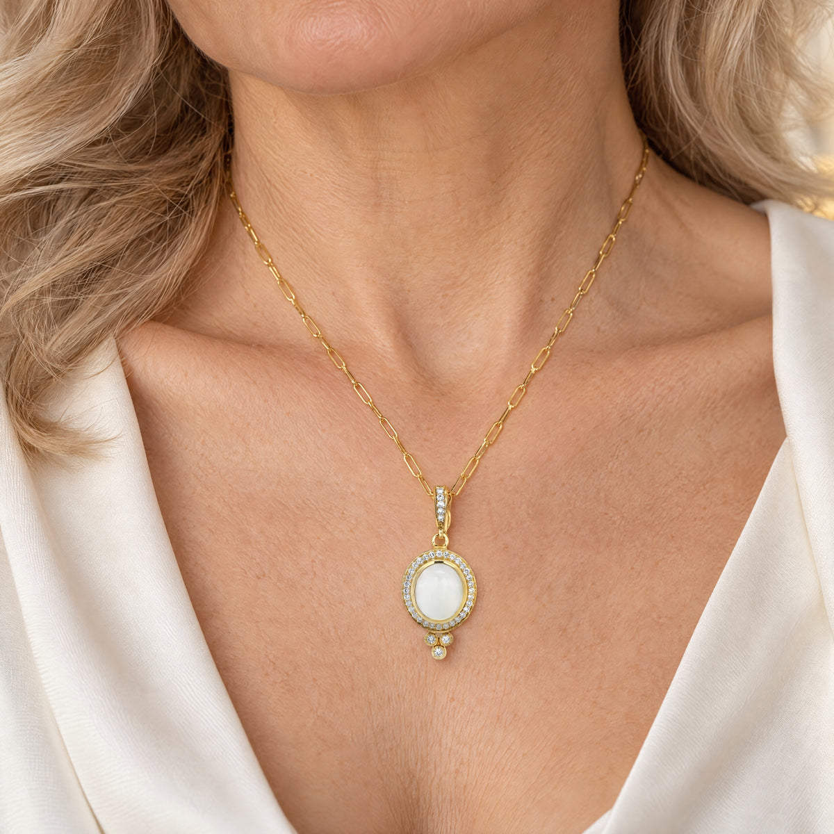 Raymond Mazza 14K Green Gold Moonstone and Diamond Paperclip Necklace