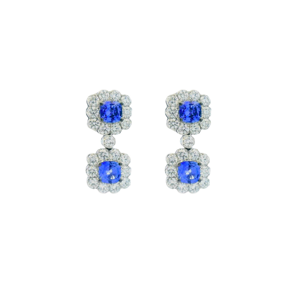 Damaso 18kt White Gold Double Drop Cluster Sapphire and Diamond Earrings