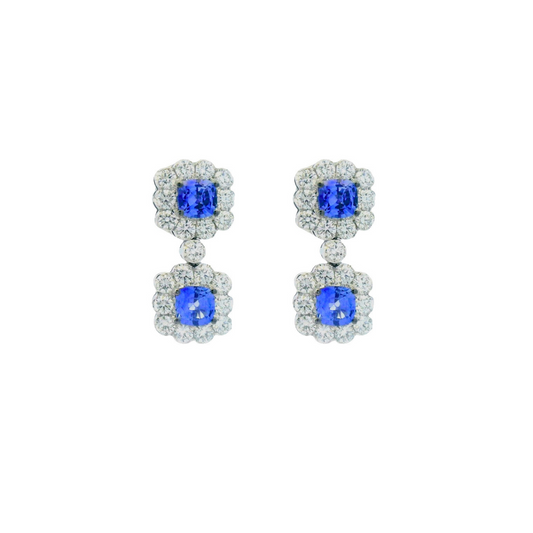 Damaso 18kt White Gold Double Drop Cluster Sapphire and Diamond Earrings