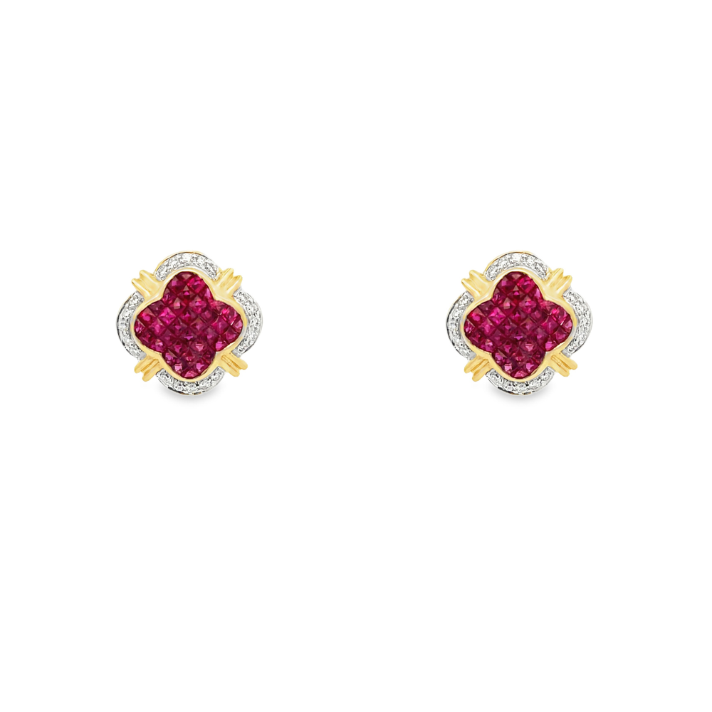 14K Yellow Gold Ruby & Diamond Clover Earrings 2.00 CTW Rubies