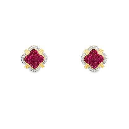 14K Yellow Gold Ruby & Diamond Clover Earrings 2.00 CTW Rubies
