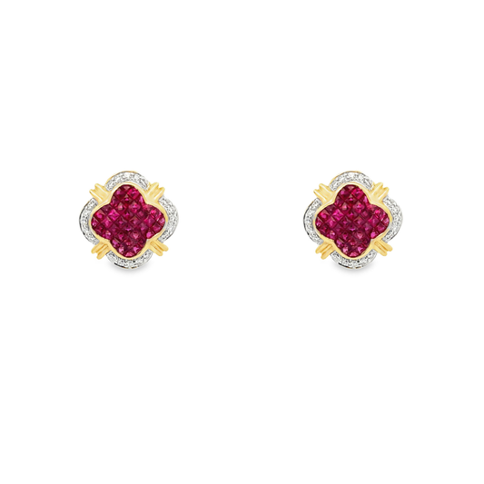 14K Yellow Gold Ruby & Diamond Clover Earrings 2.00 CTW Rubies