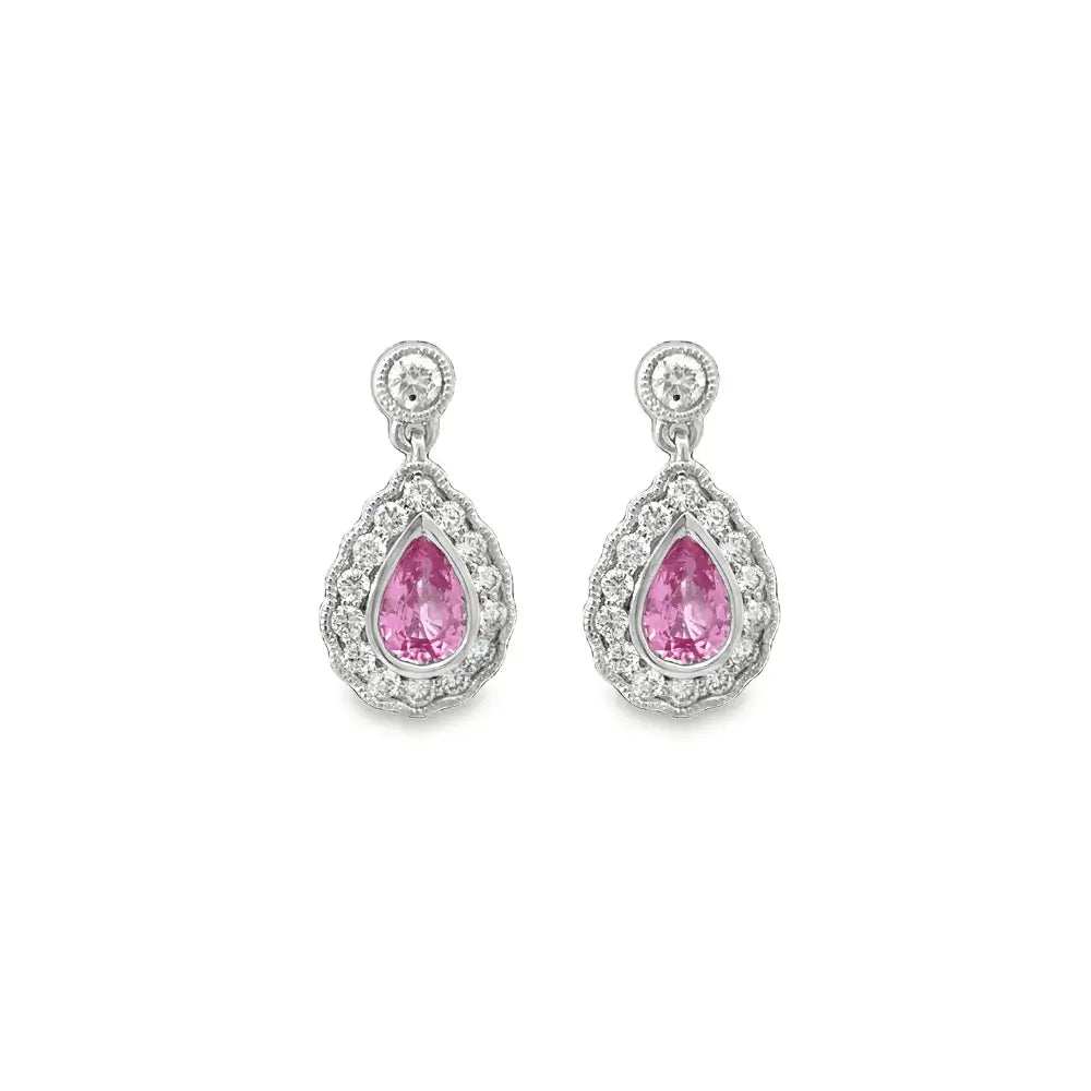 18K White Gold Pear Shape Pink Sapphire and Diamond Earrings