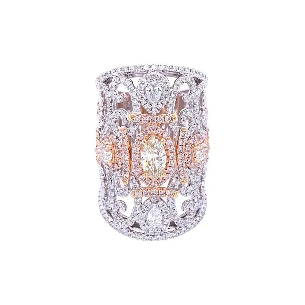 18K White Gold Pink and White Diamond Filigree Ring