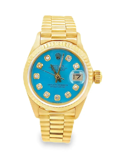 Rolex Datejust 18k Yellow Gold President Bracelet Turquoise Dial, 26mm