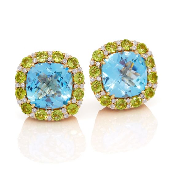 Raymond Mazza 14k Yellow Gold Blue Topaz, Peridot, and Diamond Earrings