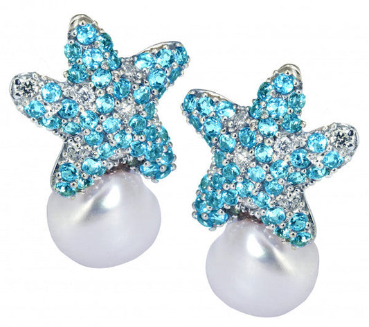 Raymond Mazza 14k White Gold Aquamarine Starfish and Pearl Earrings