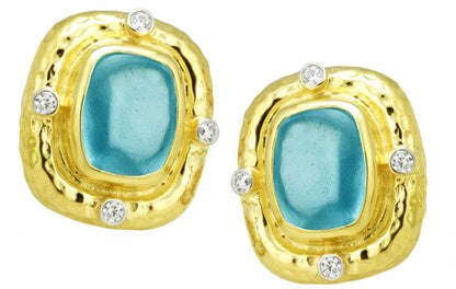 Raymond Mazza 14k Yellow Gold Aquamarine Cabochon & Diamond Earrings