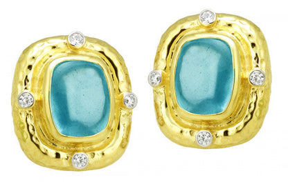 Raymond Mazza 14k Yellow Gold Aquamarine Cabochon & Diamond Earrings