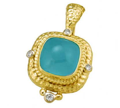 Raymond Mazza 14k Yellow Gold Aquamarine Cabochon & Diamond Pendant