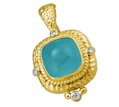 Raymond Mazza 14k Yellow Gold Aquamarine Cabochon & Diamond Pendant