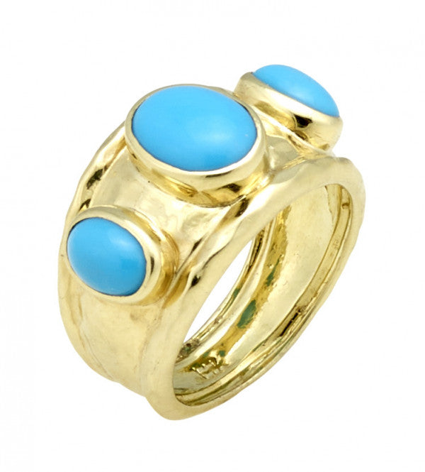 Raymond Mazza 14k Yellow Gold Hammered Turquoise Sleeping Beauty Ring