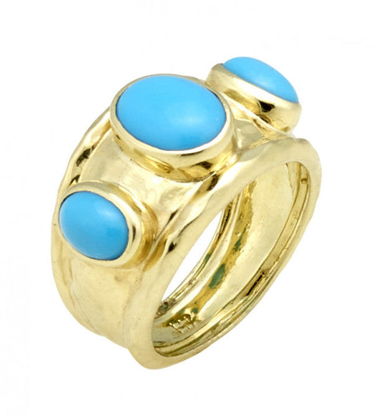 Raymond Mazza 14k Yellow Gold Hammered Turquoise Sleeping Beauty Ring